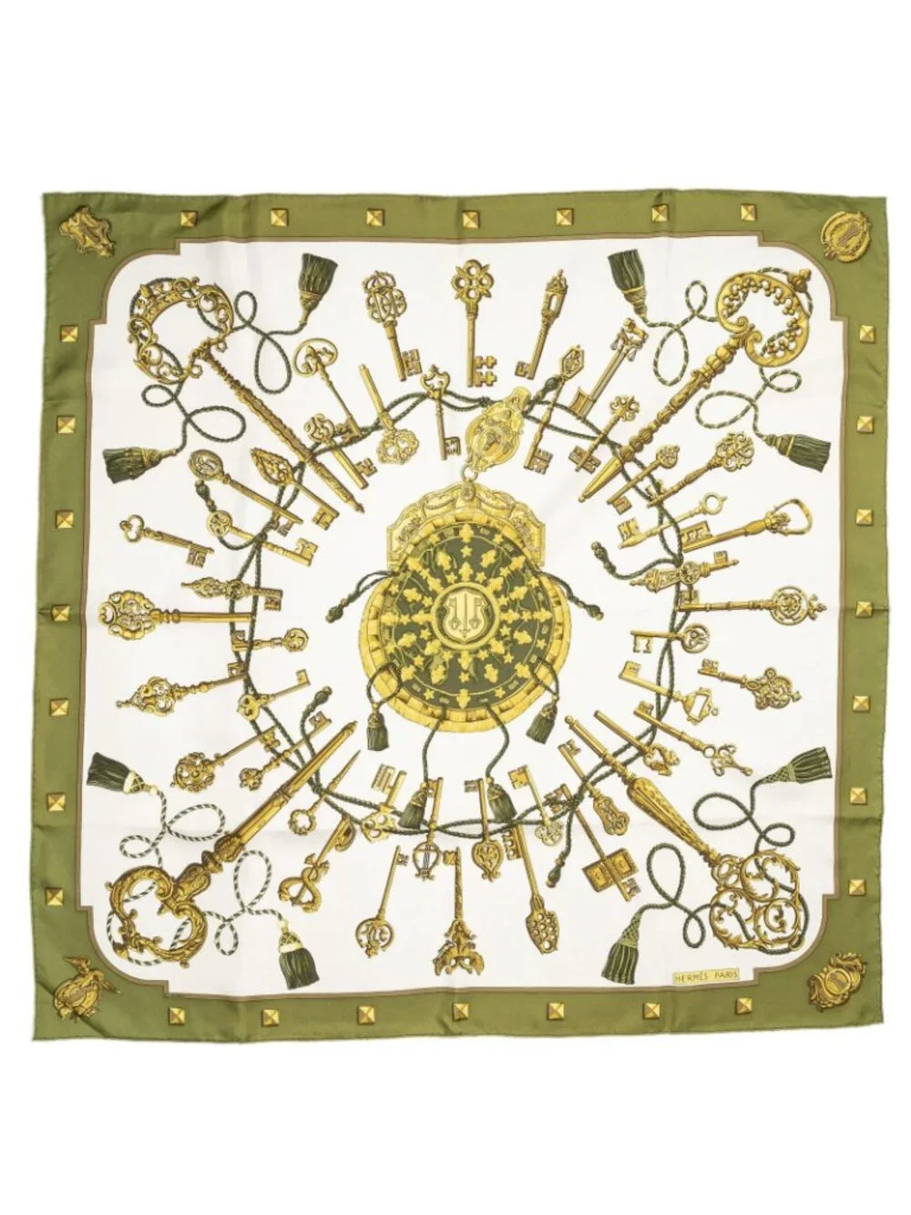 Hermes Scarf Green Gold White Silk